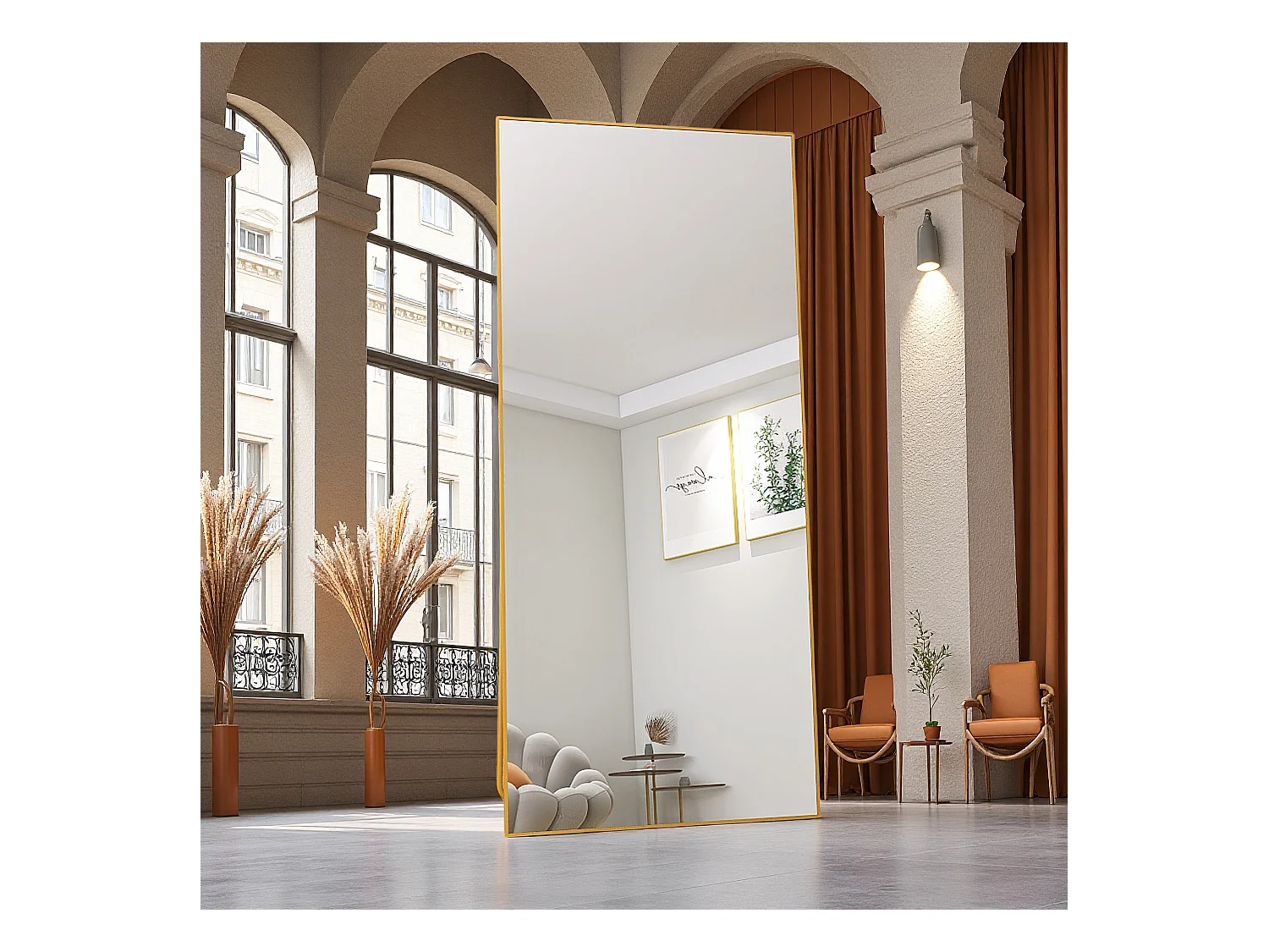 Espejo de maquillaje rectangular de vidrio templado con marco de aluminio dorado, 1800 x 800 mm, diseño moderno y elegante.