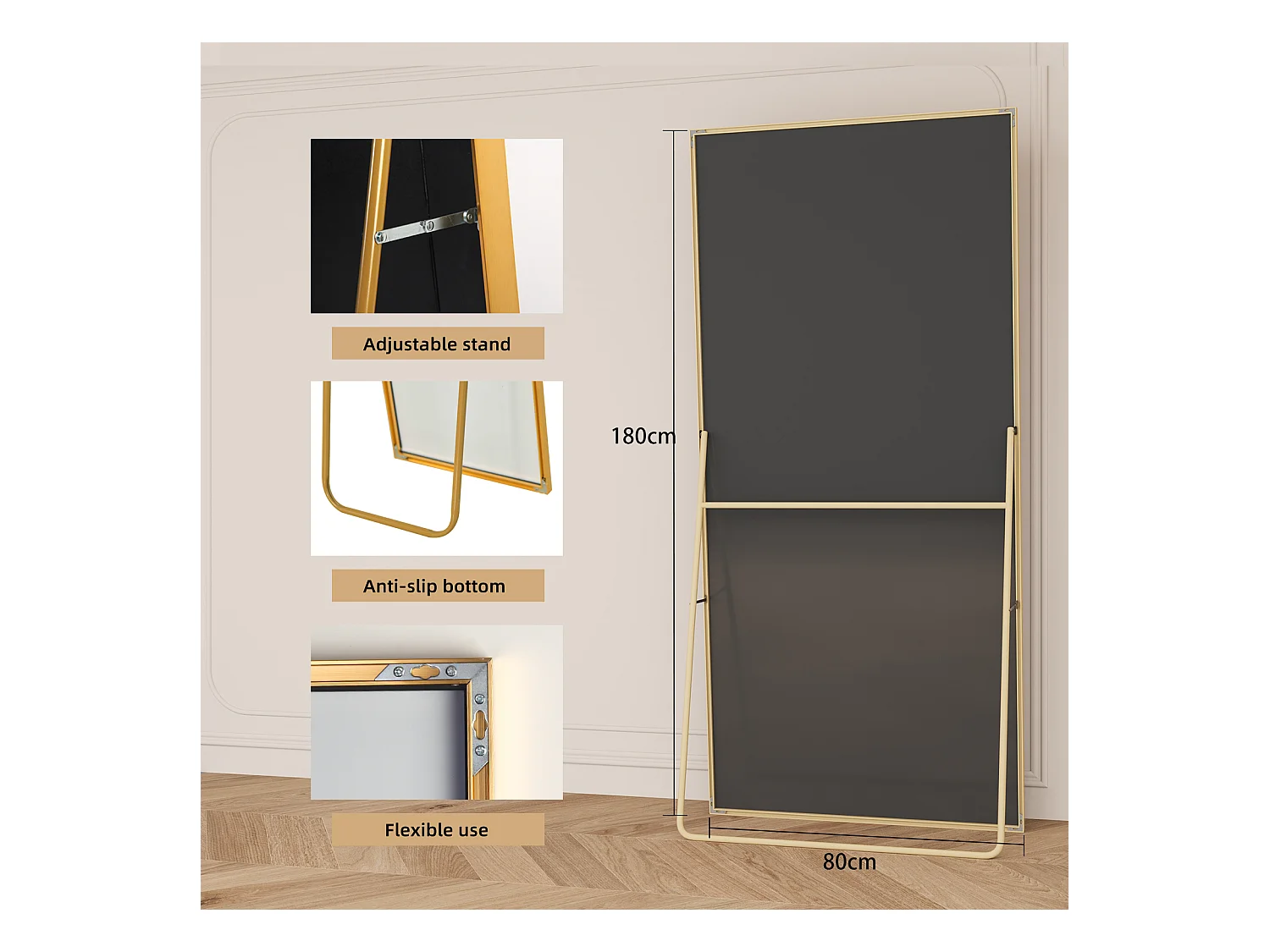 Espejo de maquillaje rectangular de vidrio templado con marco de aluminio dorado, 1800 x 800 mm, diseño moderno y elegante.