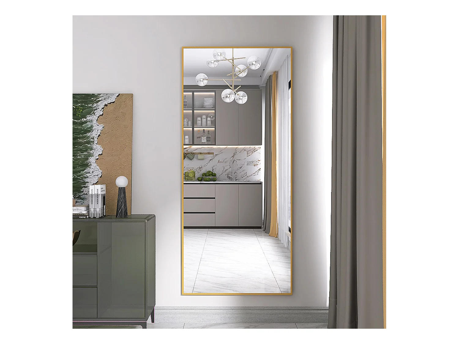 Espejo de maquillaje rectangular de vidrio templado con marco de aluminio dorado, 1800 x 800 mm, diseño moderno y elegante.