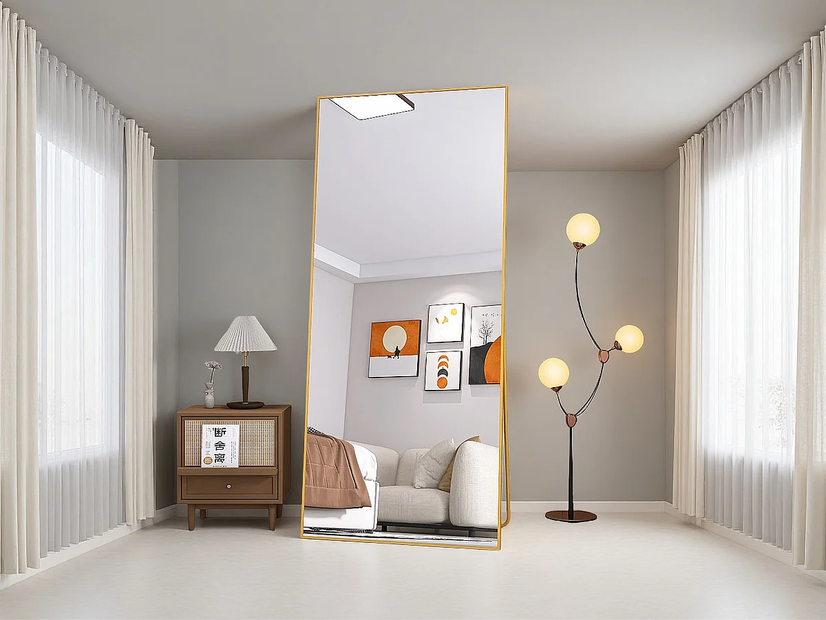 Miroir de maquillage rectangulaire en verre trempé, cadre en aluminium doré, 1800x800 mm, design moderne et élégant