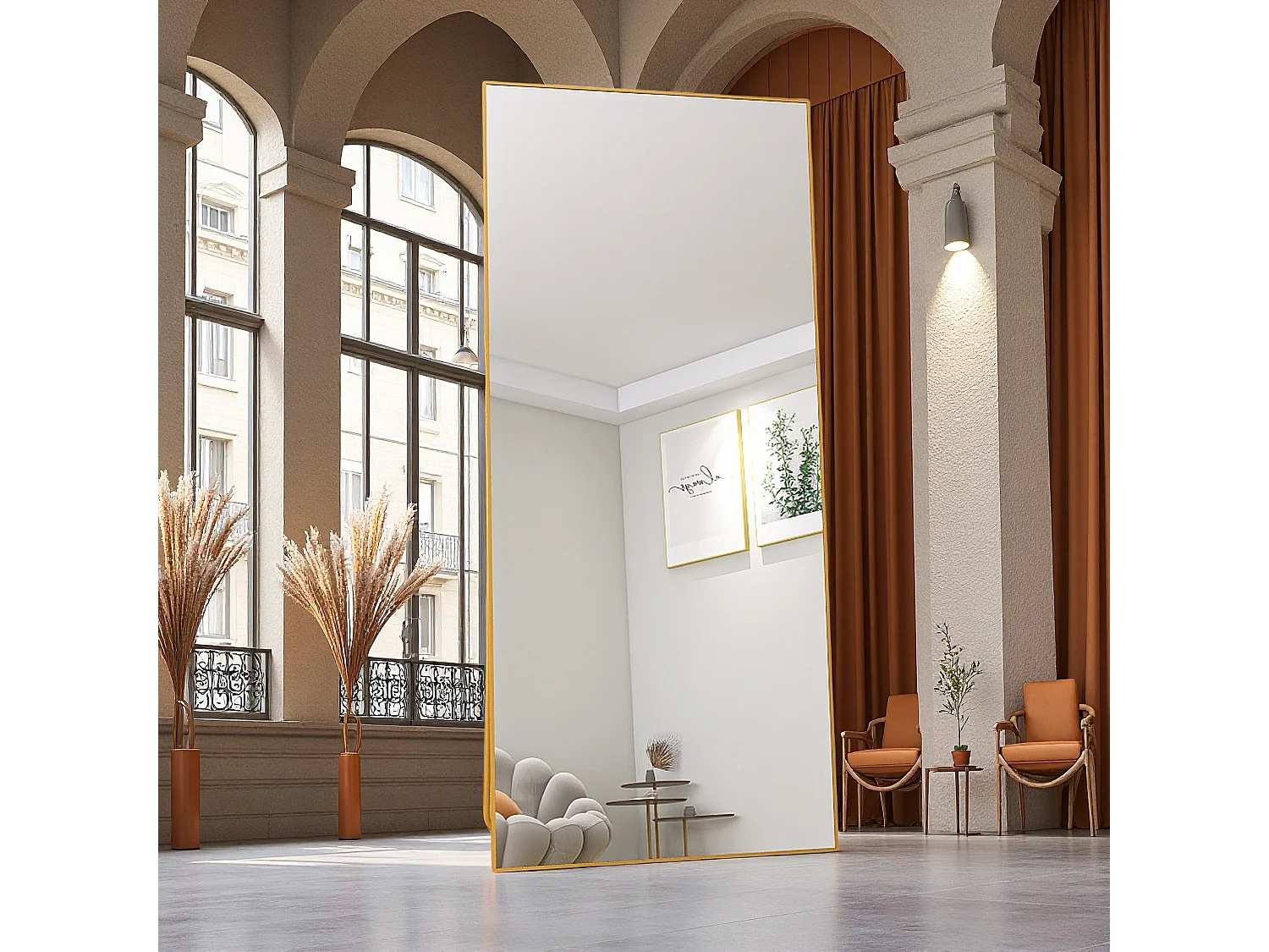 Miroir de maquillage rectangulaire en verre trempé, cadre en aluminium doré, 1800x800 mm, design moderne et élégant