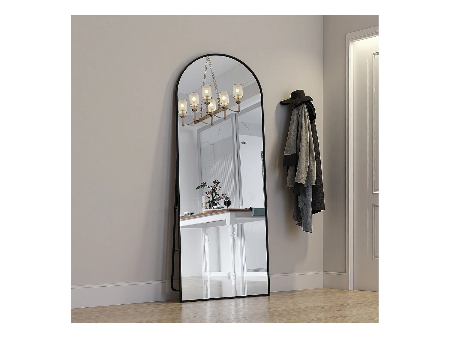 Miroir de maquillage arqué en verre trempé, cadre en aluminium noir, 1620x530 mm, design moderne élégant pour chambre, dressing ou salle de bain
