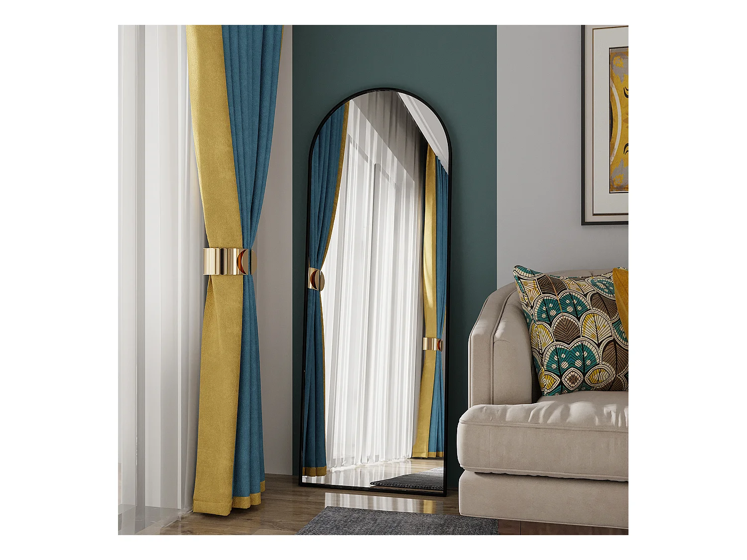 Miroir de maquillage arqué en verre trempé, cadre en aluminium noir, 1620x530 mm, design moderne élégant pour chambre, dressing ou salle de bain