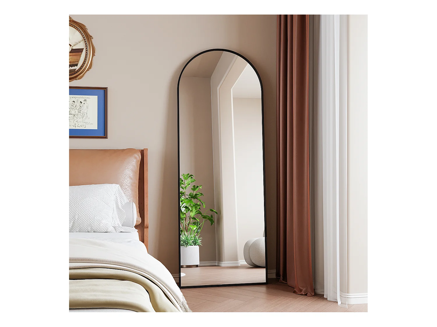 Miroir de maquillage arqué en verre trempé, cadre en aluminium noir, 1620x530 mm, design moderne élégant pour chambre, dressing ou salle de bain