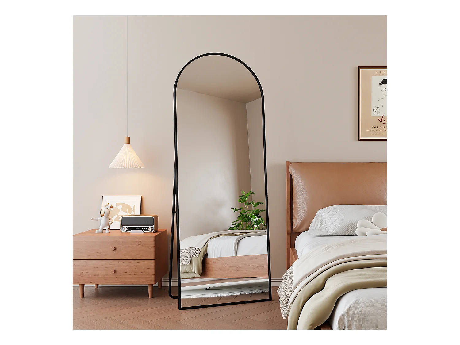 Miroir de maquillage arqué en verre trempé, cadre en aluminium noir, 1620x530 mm, design moderne élégant pour chambre, dressing ou salle de bain