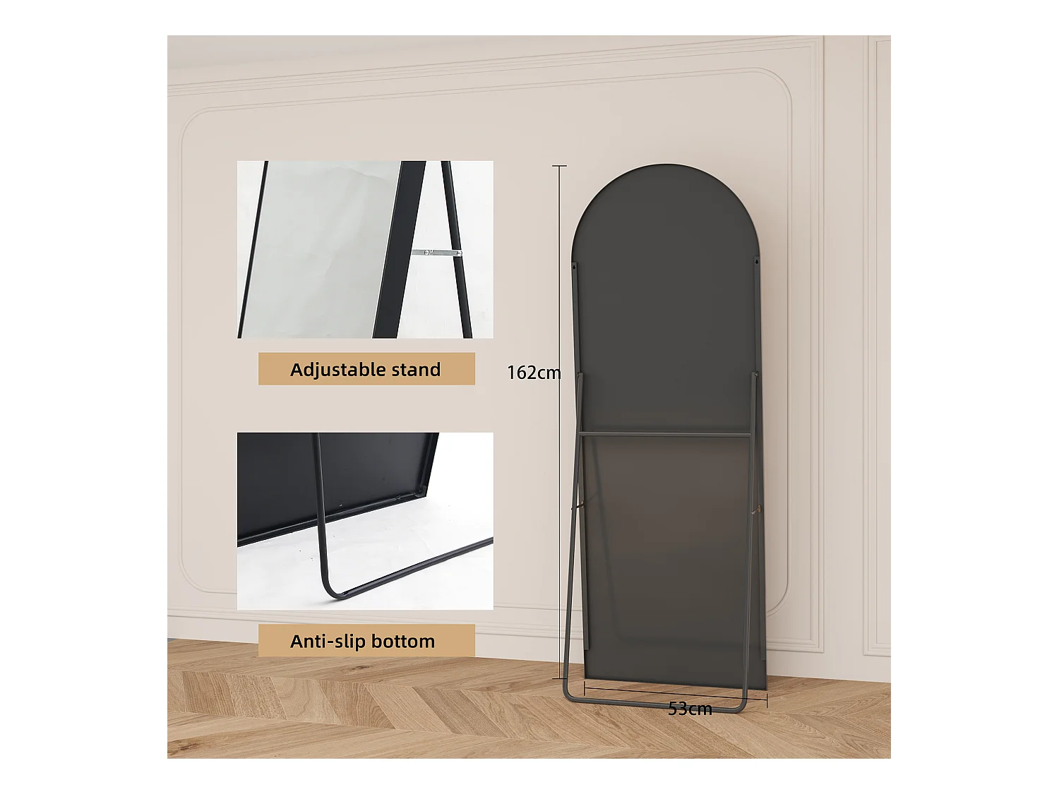 Gebogen make-upspiegel van gehard glas met een zwarte aluminium lijst, 1620x530 mm, elegant modern design voor slaapkamer, kleedkamer of badkamer