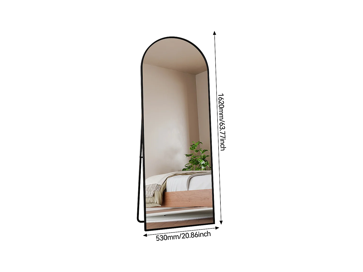 Gebogen make-upspiegel van gehard glas met een zwarte aluminium lijst, 1620x530 mm, elegant modern design voor slaapkamer, kleedkamer of badkamer