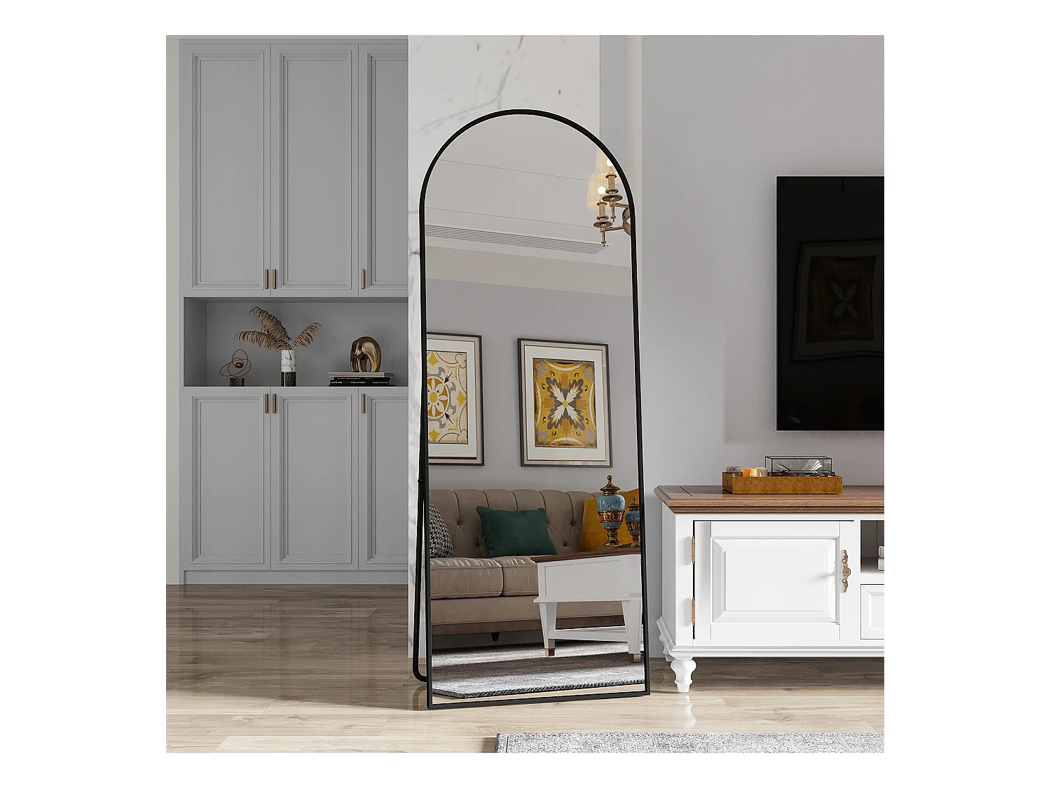 Gebogen make-upspiegel van gehard glas met een zwarte aluminium lijst, 1620x530 mm, elegant modern design voor slaapkamer, kleedkamer of badkamer
