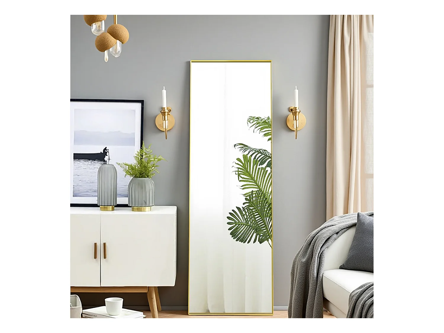 Miroir pleine longueur 150x40 cm, rectangulaire, à poser ou suspendre, cadre aluminium, idéal salle de bain, chambre, entrée et couloir, doré