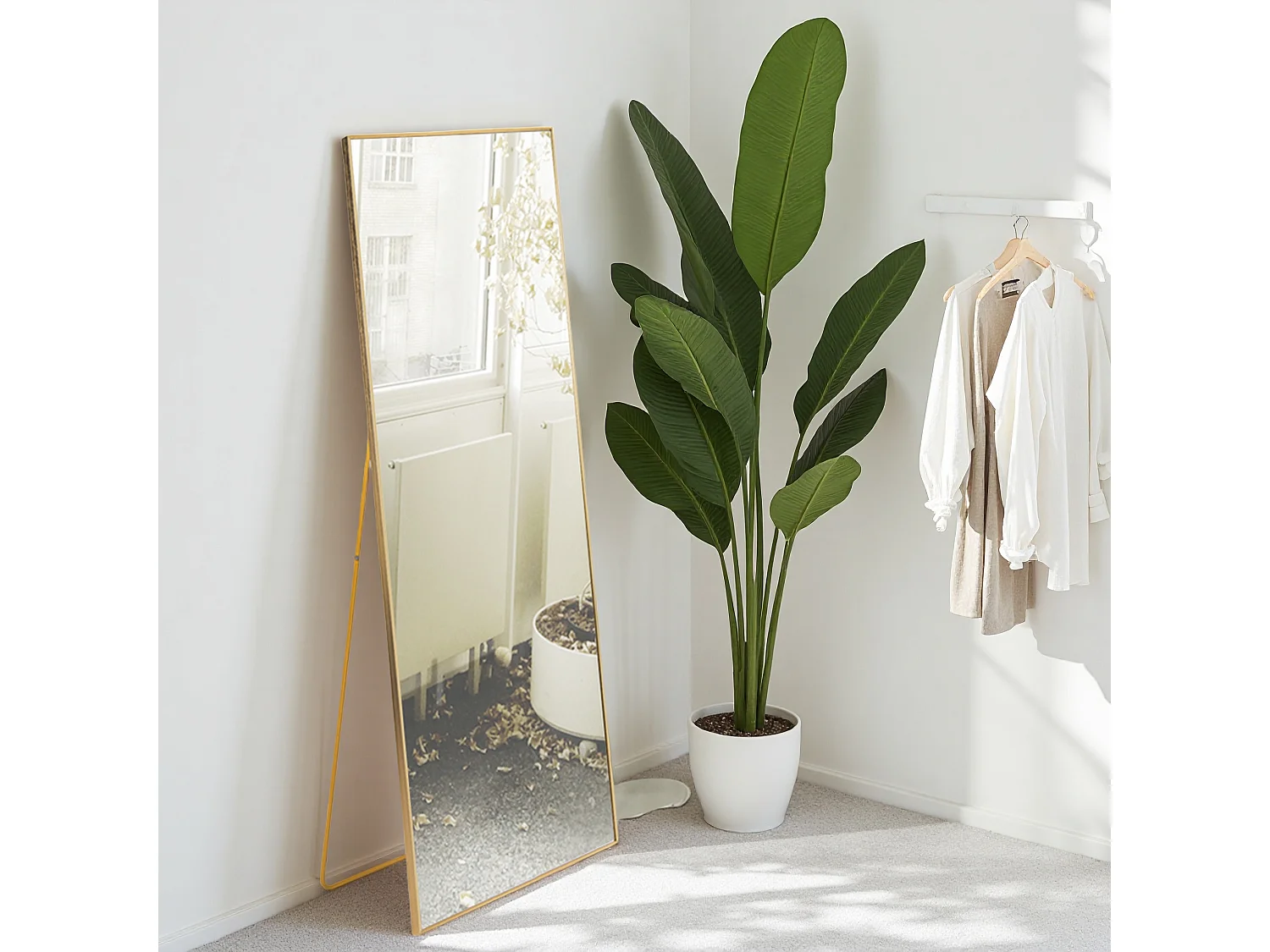 Miroir pleine longueur 150x40 cm, rectangulaire, à poser ou suspendre, cadre aluminium, idéal salle de bain, chambre, entrée et couloir, doré