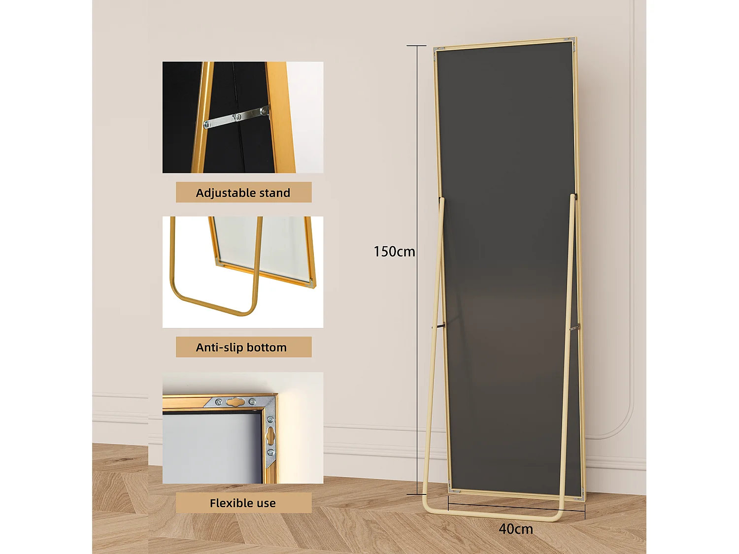 Miroir pleine longueur 150x40 cm, rectangulaire, à poser ou suspendre, cadre aluminium, idéal salle de bain, chambre, entrée et couloir, doré