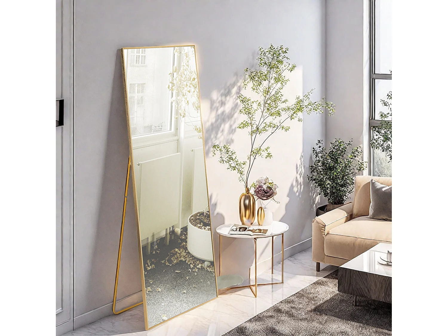 Spiegel van gehard glas 150x40 cm, rechthoekig, vrijstaand of hangend, aluminium lijst, ideaal voor badkamer, slaapkamer, hal en gang, goud