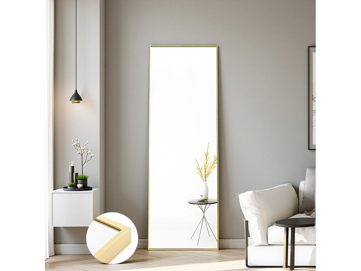 Spiegel van gehard glas 150x40 cm, rechthoekig, vrijstaand of hangend, aluminium lijst, ideaal voor badkamer, slaapkamer, hal en gang, goud