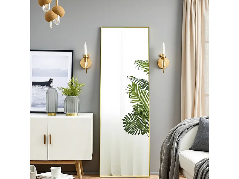 Spiegel van gehard glas 150x40 cm, rechthoekig, vrijstaand of hangend, aluminium lijst, ideaal voor badkamer, slaapkamer, hal en gang, goud