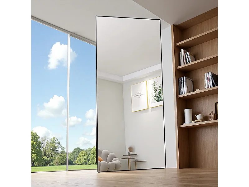 Miroir de maquillage rectangulaire en verre trempé, cadre en aluminium noir, 1800x800 mm, design moderne et élégant