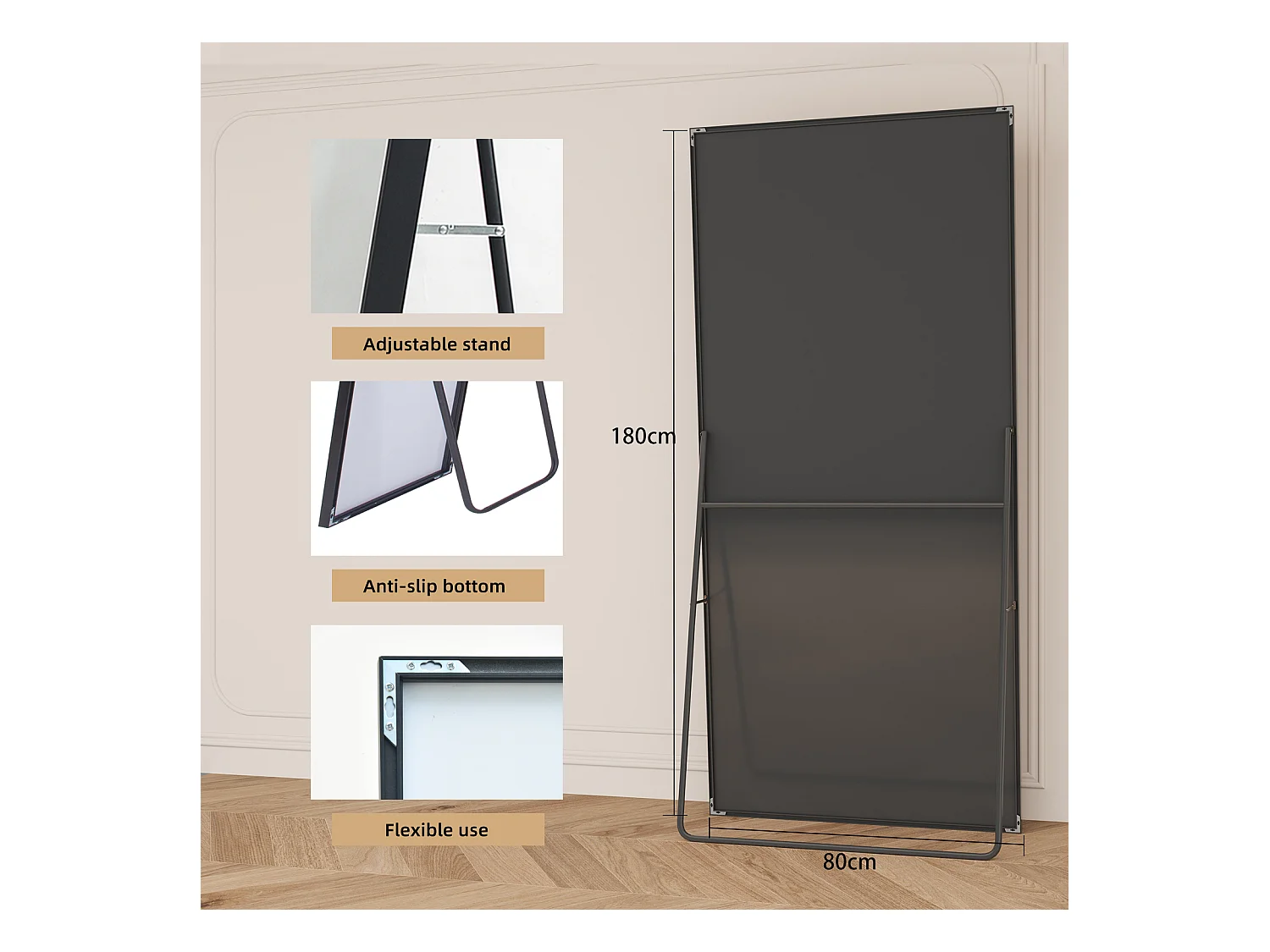 Miroir de maquillage rectangulaire en verre trempé, cadre en aluminium noir, 1800x800 mm, design moderne et élégant