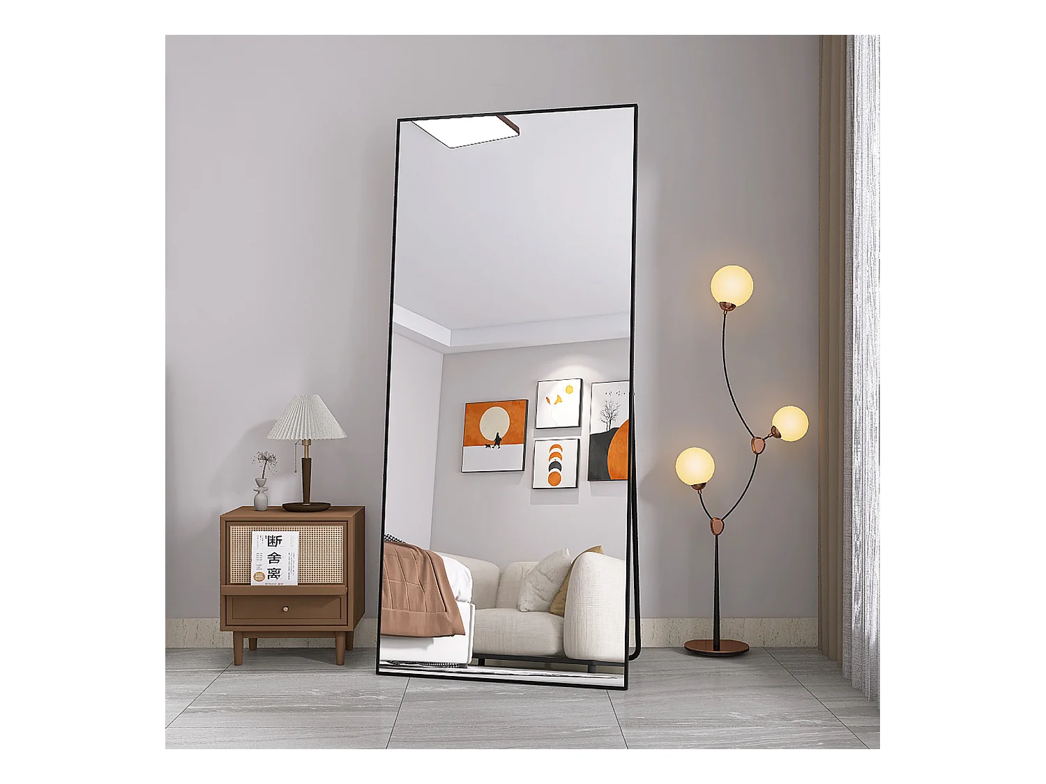 Miroir de maquillage rectangulaire en verre trempé, cadre en aluminium noir, 1800x800 mm, design moderne et élégant