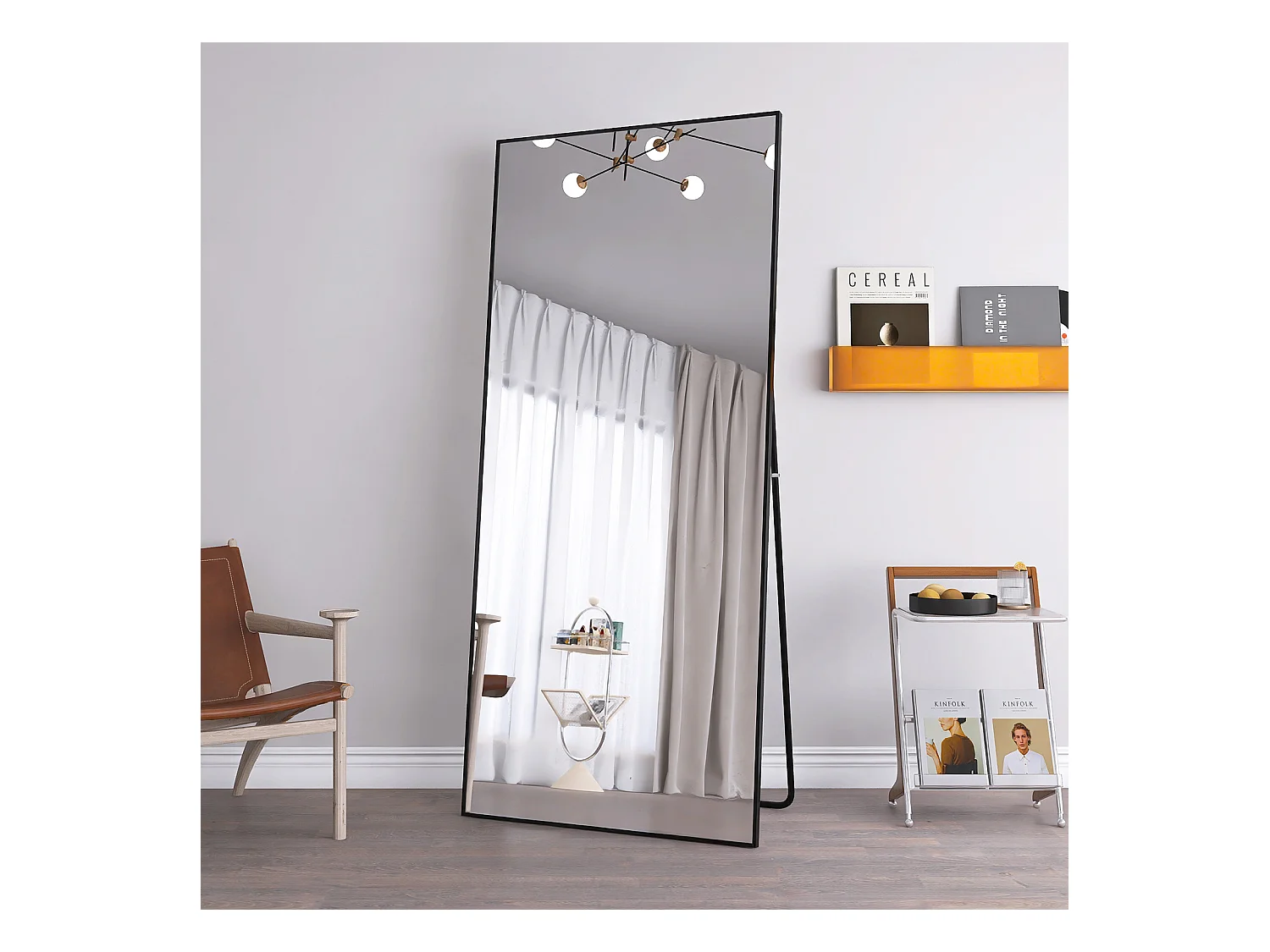 Miroir de maquillage rectangulaire en verre trempé, cadre en aluminium noir, 1800x800 mm, design moderne et élégant