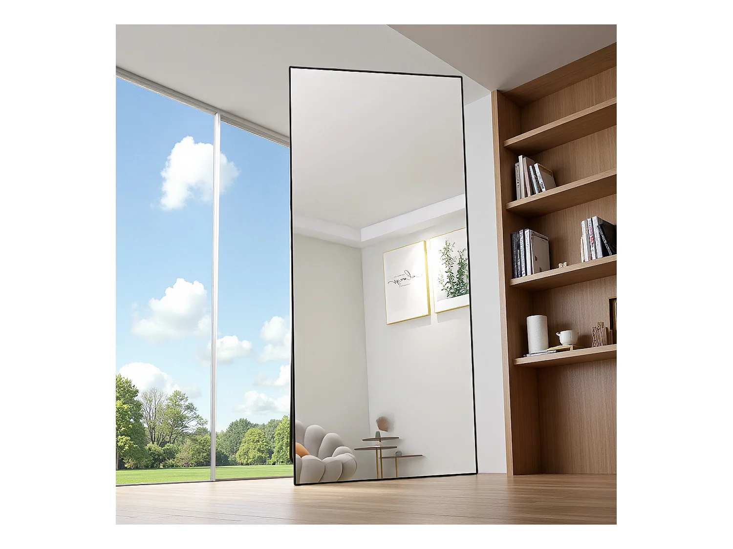 Miroir de maquillage rectangulaire en verre trempé, cadre en aluminium noir, 1800x800 mm, design moderne et élégant