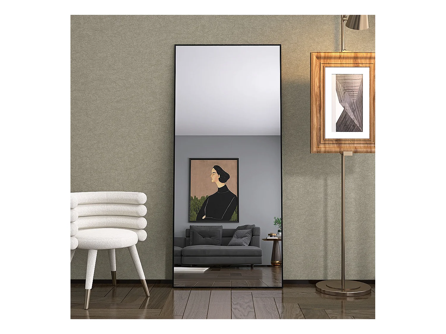 Espejo rectangular. Espejo de maquillaje rectangular de vidrio templado con marco de aluminio negro, 1800 x 800 mm, diseño moderno y elegante.