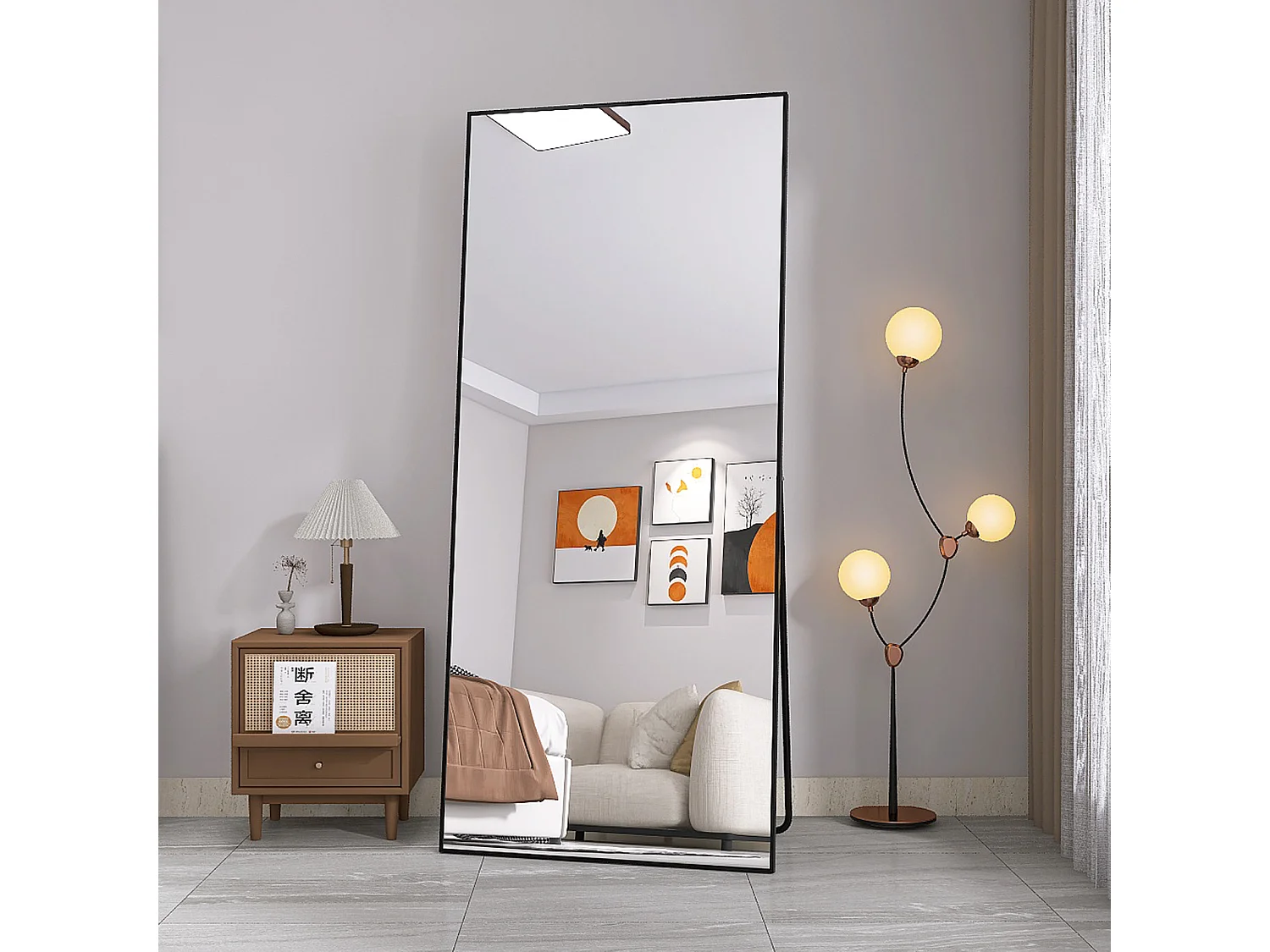 Miroir de maquillage rectangulaire en verre trempé, cadre en aluminium noir, 1800x800 mm, design moderne et élégant