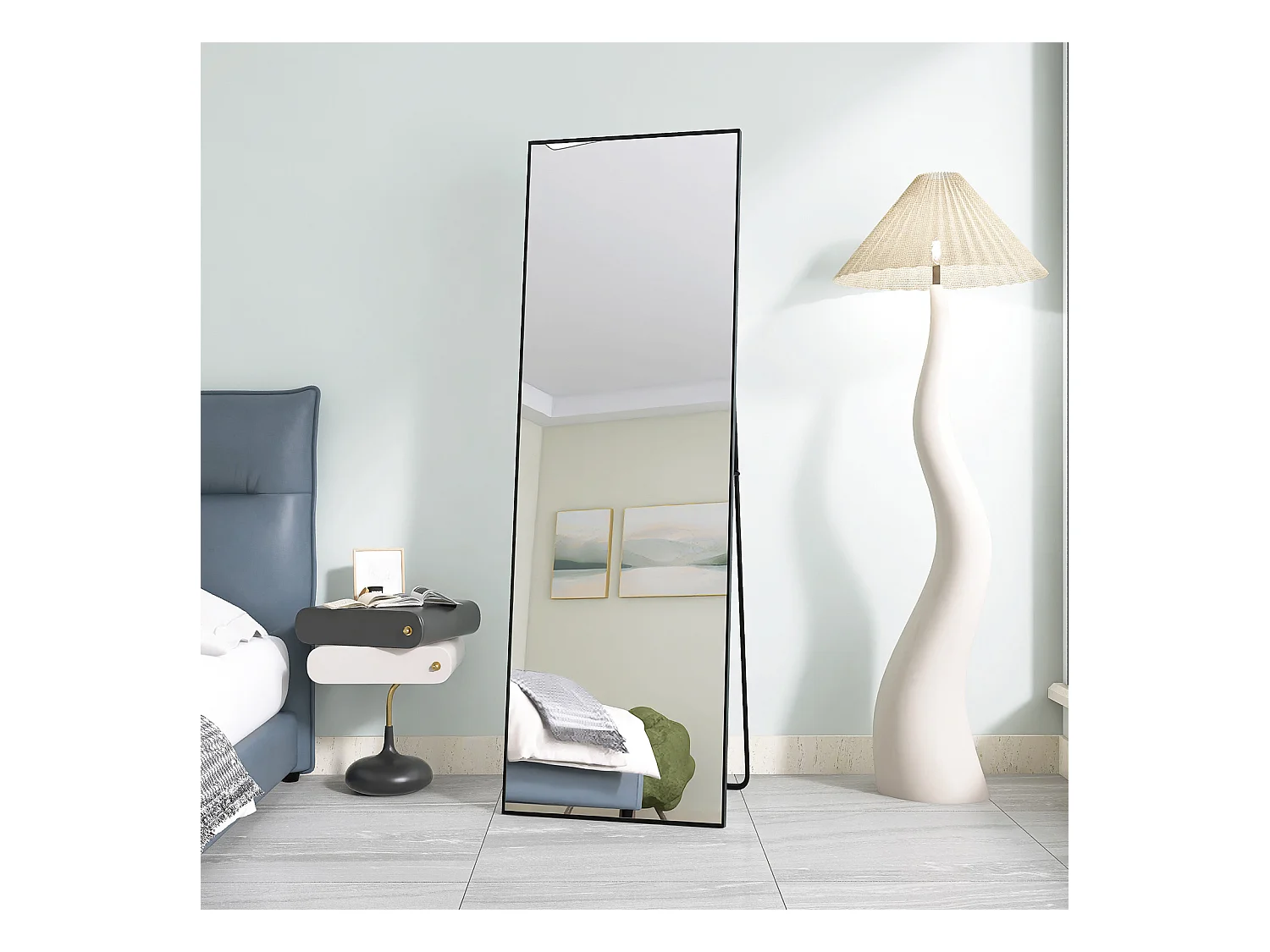 Miroir de maquillage rectangulaire en verre trempé, cadre en aluminium noir, 162 x 53 cm, design moderne élégant pour chambre ou salle de bain