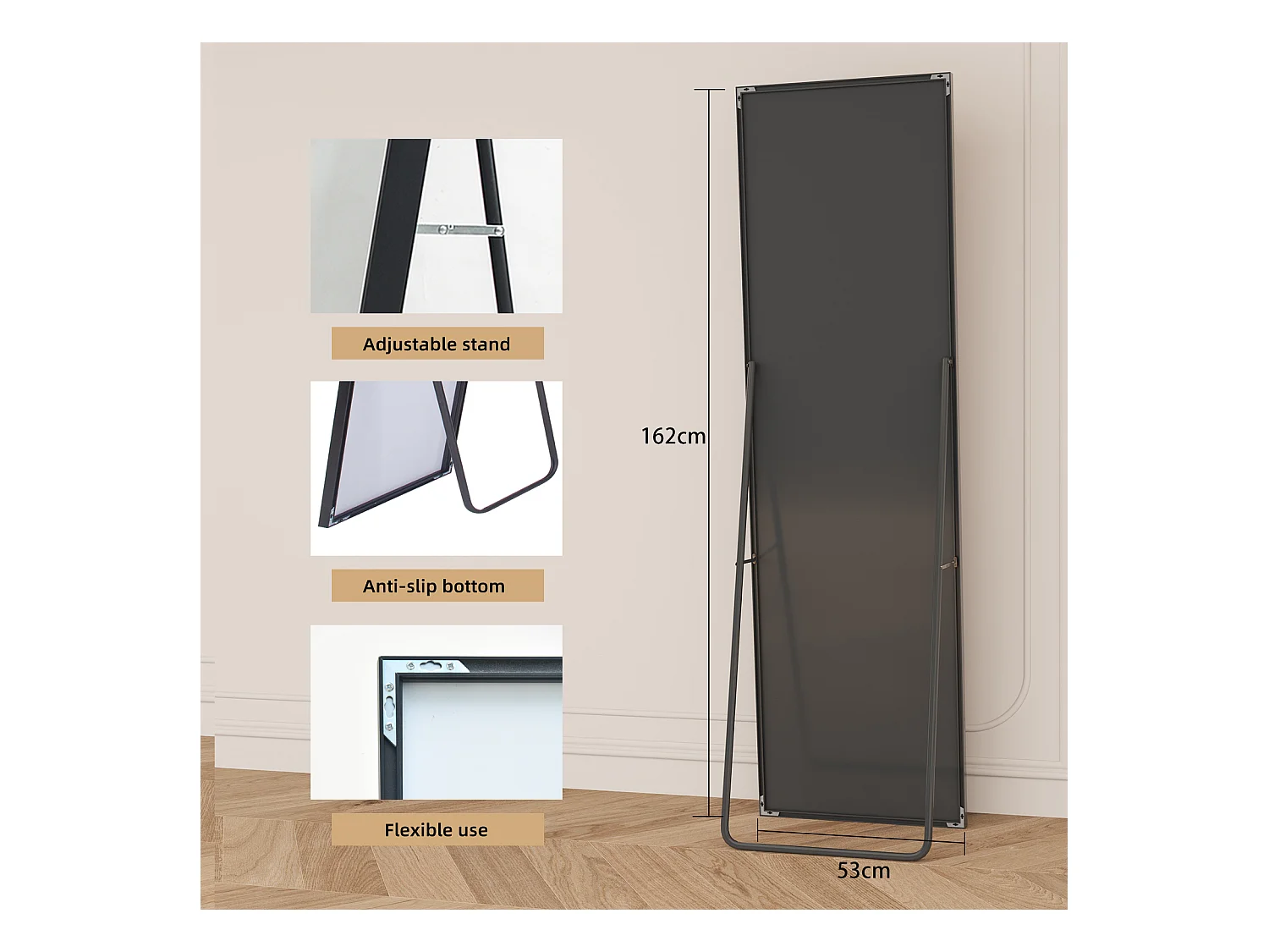 Miroir de maquillage rectangulaire en verre trempé, cadre en aluminium noir, 162 x 53 cm, design moderne élégant pour chambre ou salle de bain