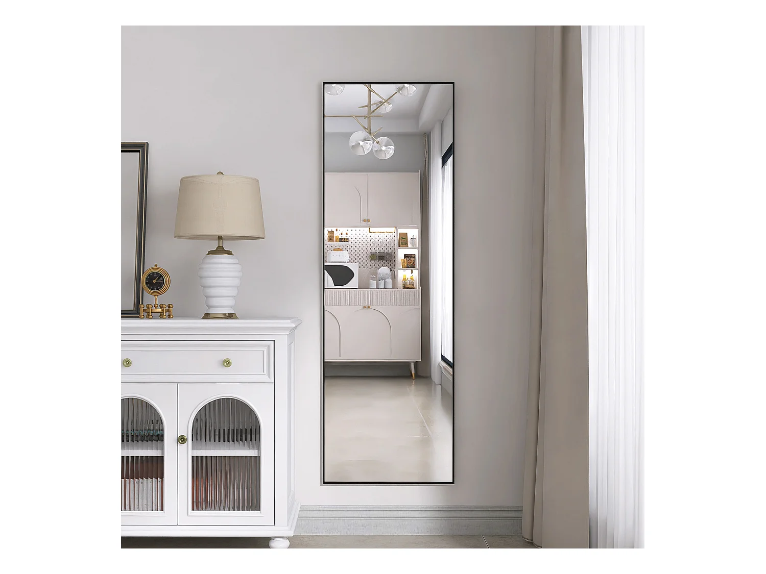 Miroir de maquillage rectangulaire en verre trempé, cadre en aluminium noir, 162 x 53 cm, design moderne élégant pour chambre ou salle de bain