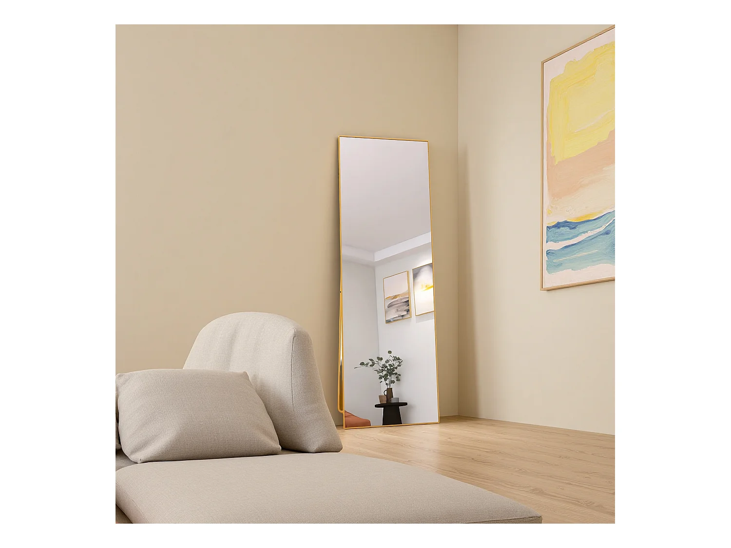 Miroir de maquillage rectangulaire en verre trempé, cadre en aluminium noir, 162 x 53 cm, design moderne élégant pour chambre ou salle de bain