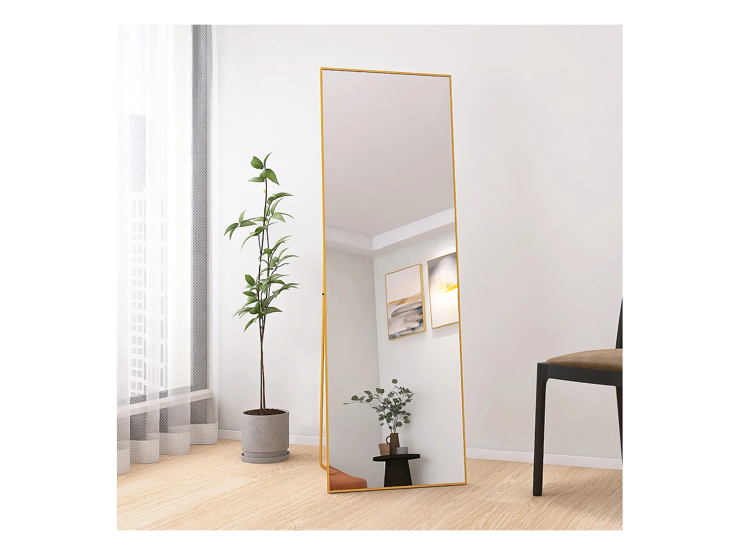 Espejo de maquillaje rectangular de vidrio templado con marco de aluminio negro, 162 x 53 cm, diseño moderno y elegante para dormitorio o baño.