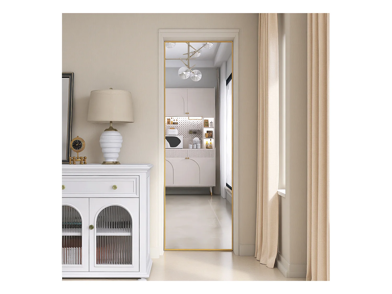 Espejo de maquillaje rectangular de vidrio templado con marco de aluminio negro, 162 x 53 cm, diseño moderno y elegante para dormitorio o baño.