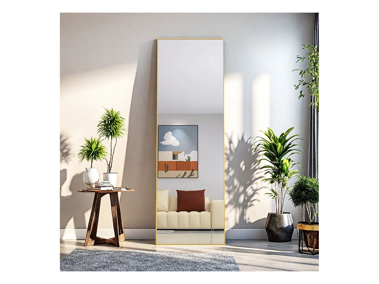 Espejo de maquillaje rectangular de vidrio templado con marco de aluminio negro, 162 x 53 cm, diseño moderno y elegante para dormitorio o baño.