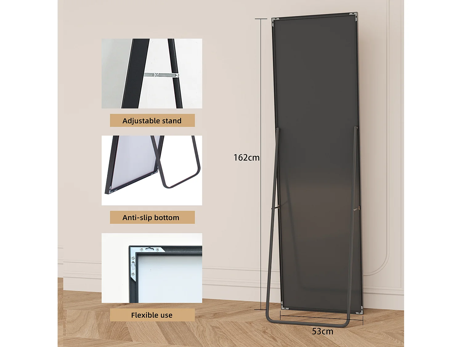 Miroir de maquillage rectangulaire en verre trempé, cadre en aluminium noir, 162 x 53 cm, design moderne élégant pour chambre ou salle de bain