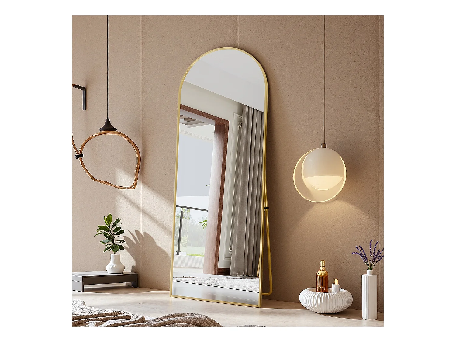 Miroir pleine longueur 165x60 cm, rectangulaire, à poser ou suspendre, cadre aluminium, idéal salle de bain, chambre, entrée et couloir, doré