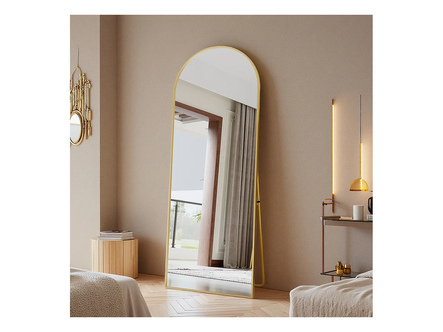 Miroir pleine longueur 165x60 cm, rectangulaire, à poser ou suspendre, cadre aluminium, idéal salle de bain, chambre, entrée et couloir, doré