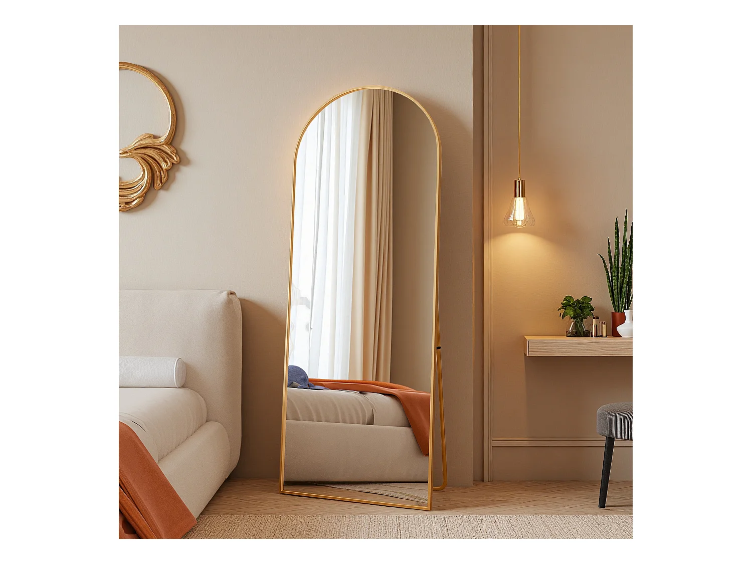 Miroir pleine longueur 165x60 cm, rectangulaire, à poser ou suspendre, cadre aluminium, idéal salle de bain, chambre, entrée et couloir, doré