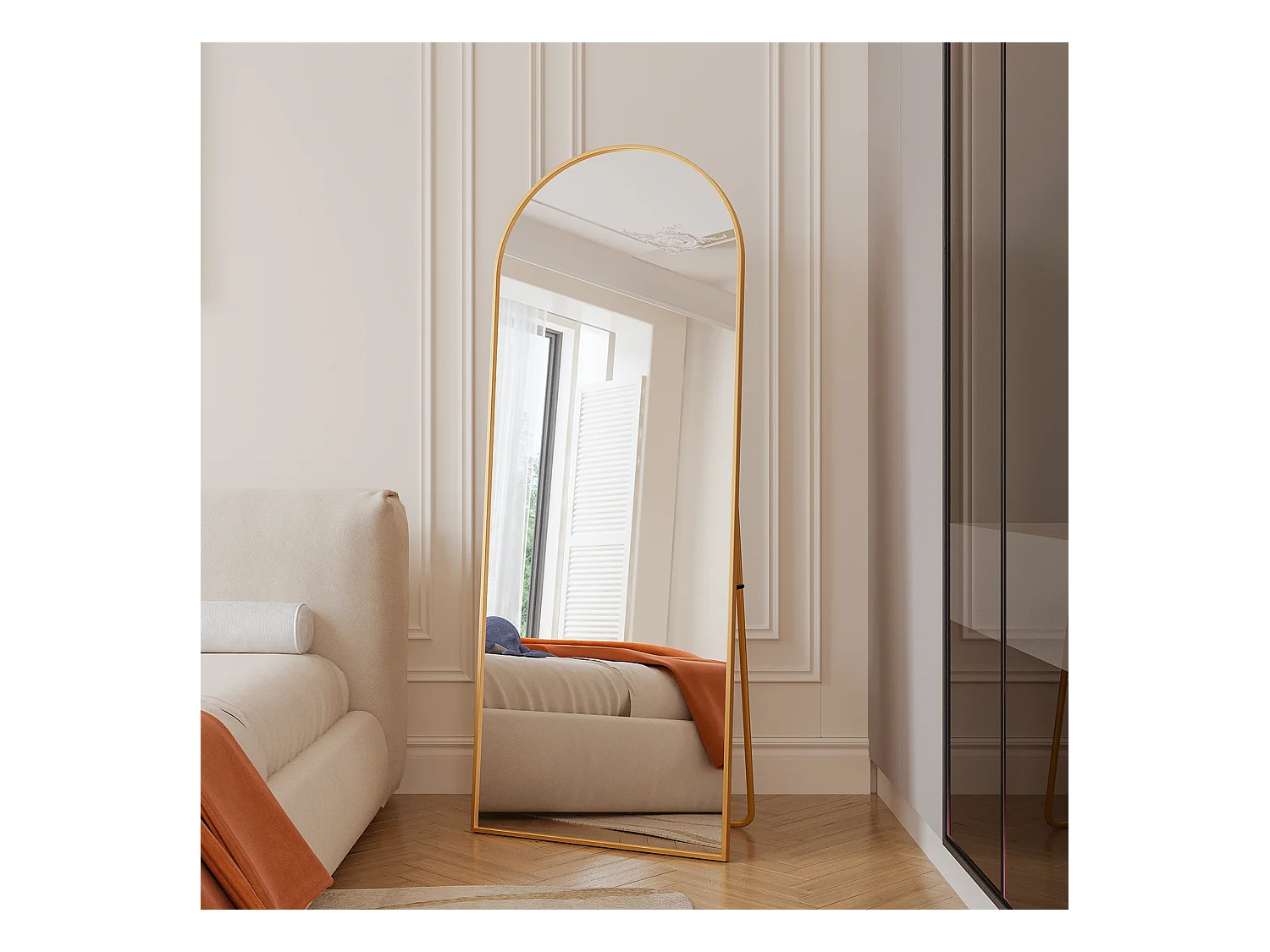 Miroir pleine longueur 165x60 cm, rectangulaire, à poser ou suspendre, cadre aluminium, idéal salle de bain, chambre, entrée et couloir, doré