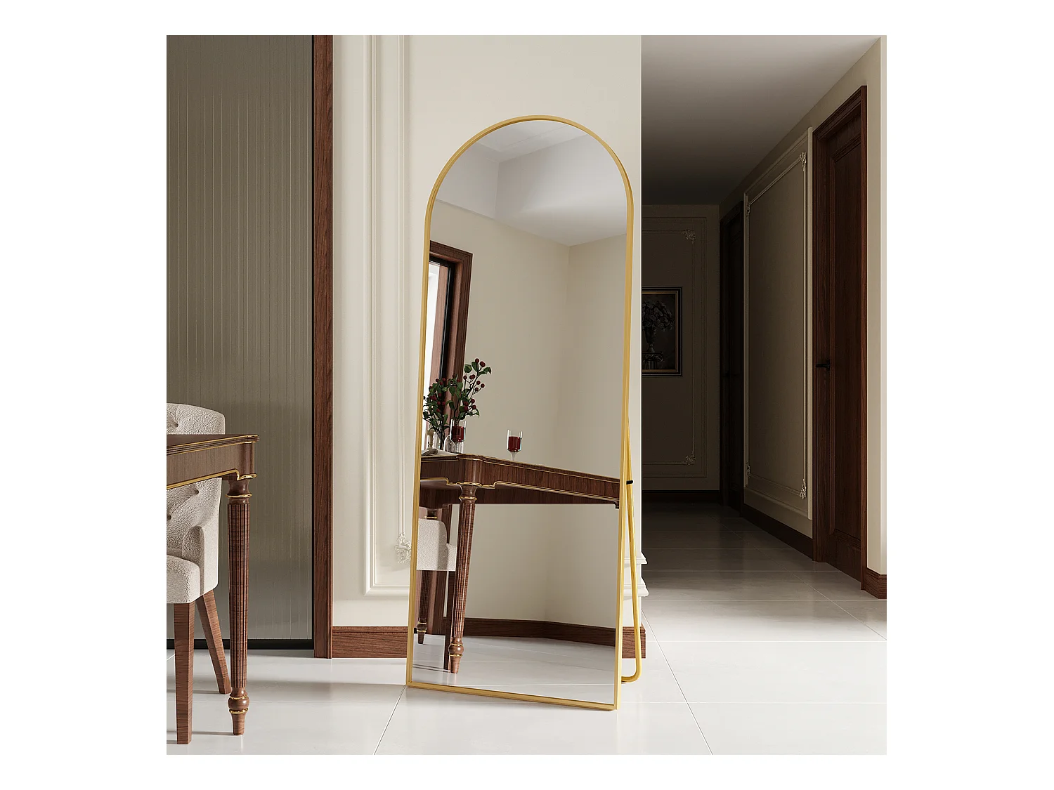 Miroir pleine longueur 165x60 cm, rectangulaire, à poser ou suspendre, cadre aluminium, idéal salle de bain, chambre, entrée et couloir, doré