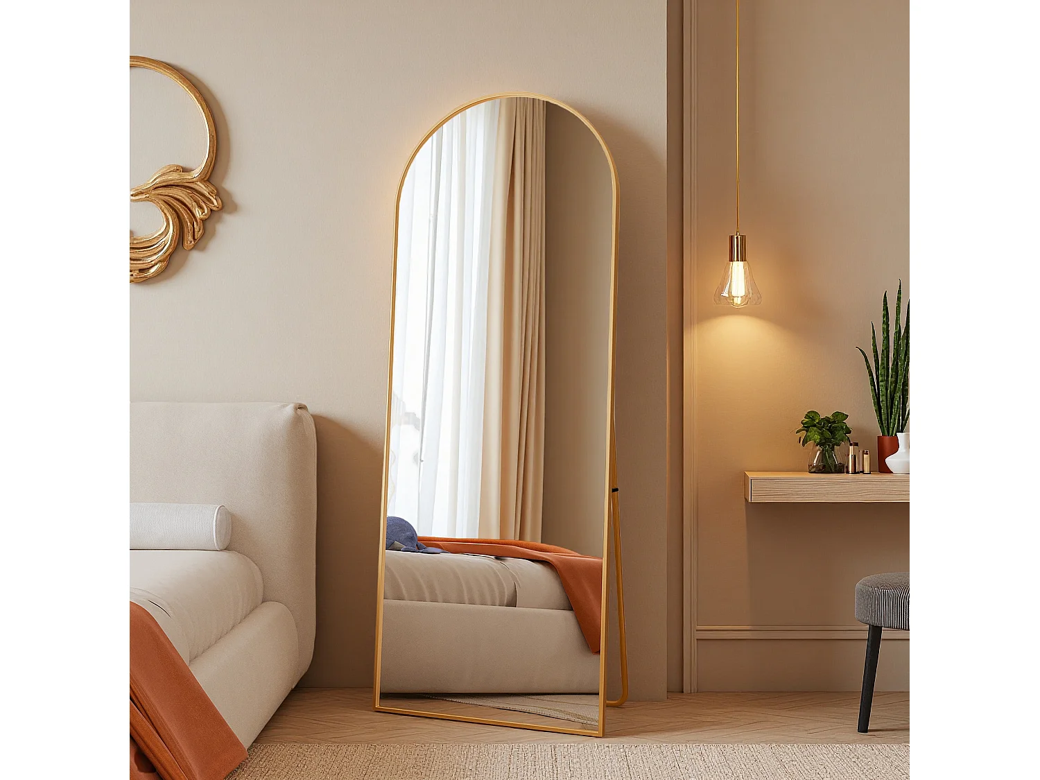 Spiegel 165x60 cm, rechthoekig, staand of hangend, aluminium frame, ideaal voor badkamer, slaapkamer, hal en gang, goudkleurig