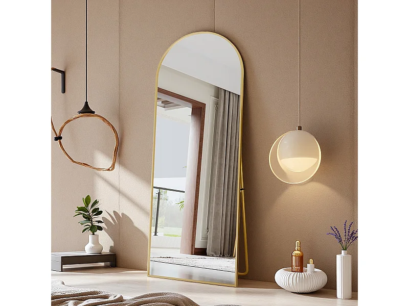 Miroir pleine longueur 165x60 cm, rectangulaire, à poser ou suspendre, cadre aluminium, idéal salle de bain, chambre, entrée et couloir, doré