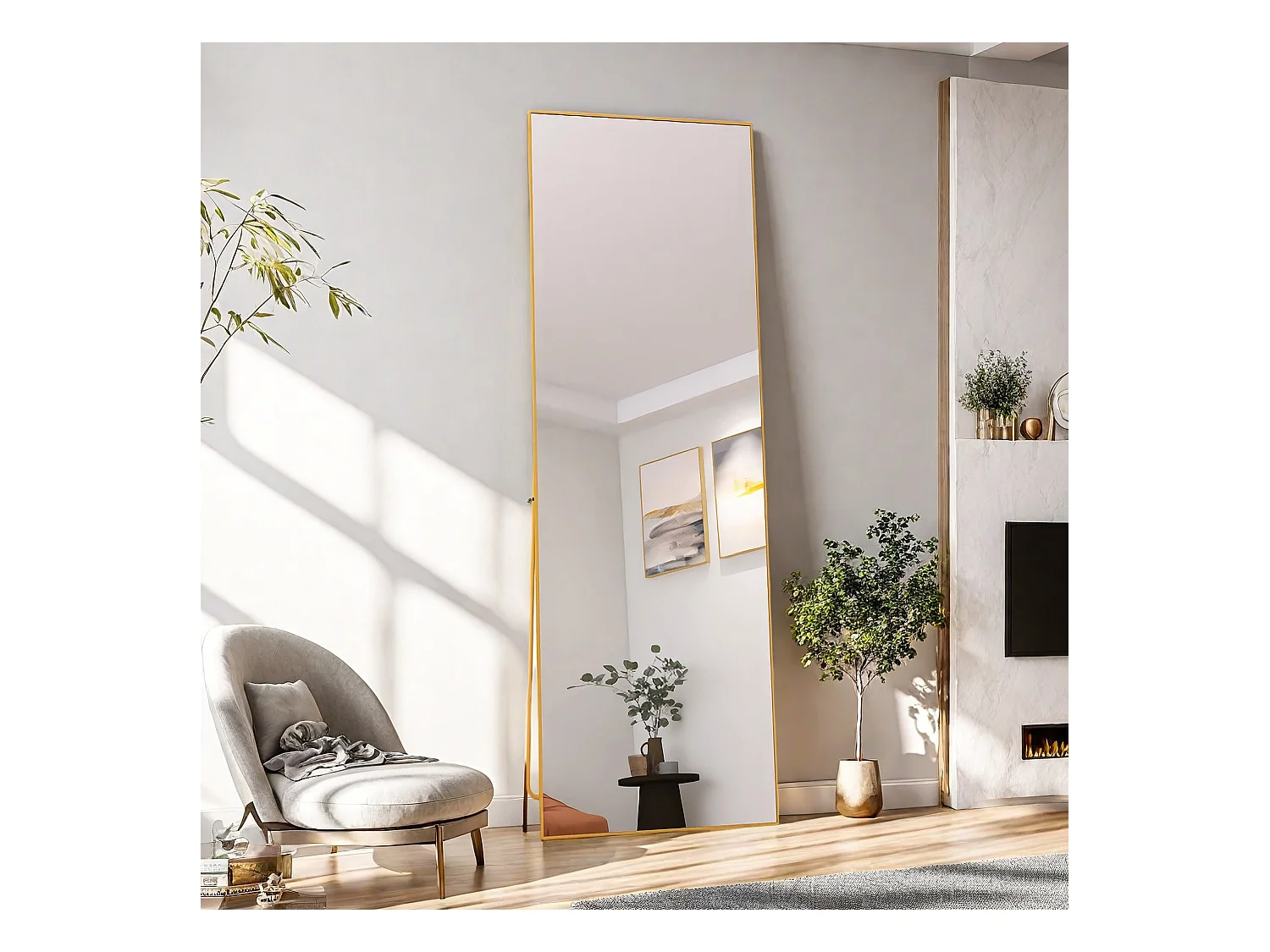 Miroir de maquillage rectangulaire en verre trempé, cadre en aluminium doré, 162 x 53 cm, design moderne élégant pour chambre ou salle de bain