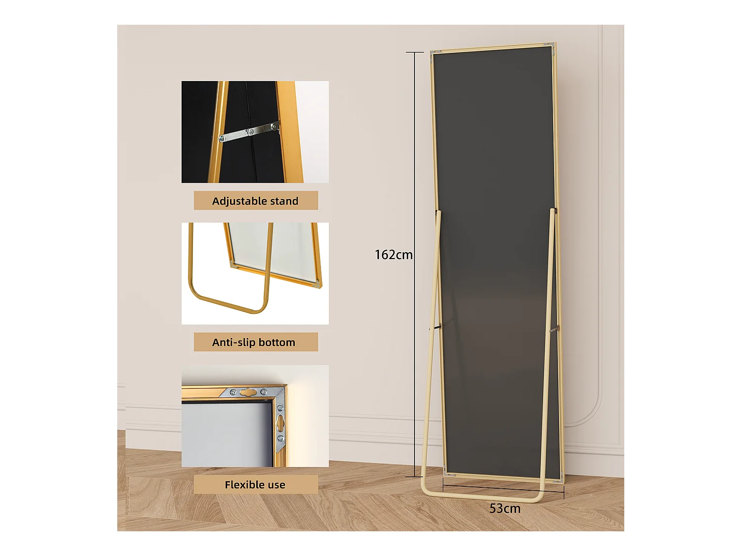 Miroir de maquillage rectangulaire en verre trempé, cadre en aluminium doré, 162 x 53 cm, design moderne élégant pour chambre ou salle de bain