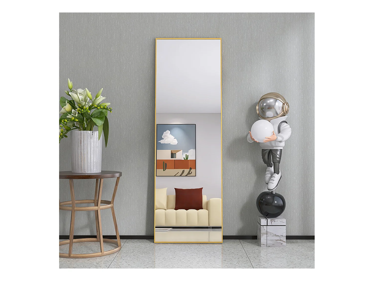Miroir de maquillage rectangulaire en verre trempé, cadre en aluminium doré, 162 x 53 cm, design moderne élégant pour chambre ou salle de bain