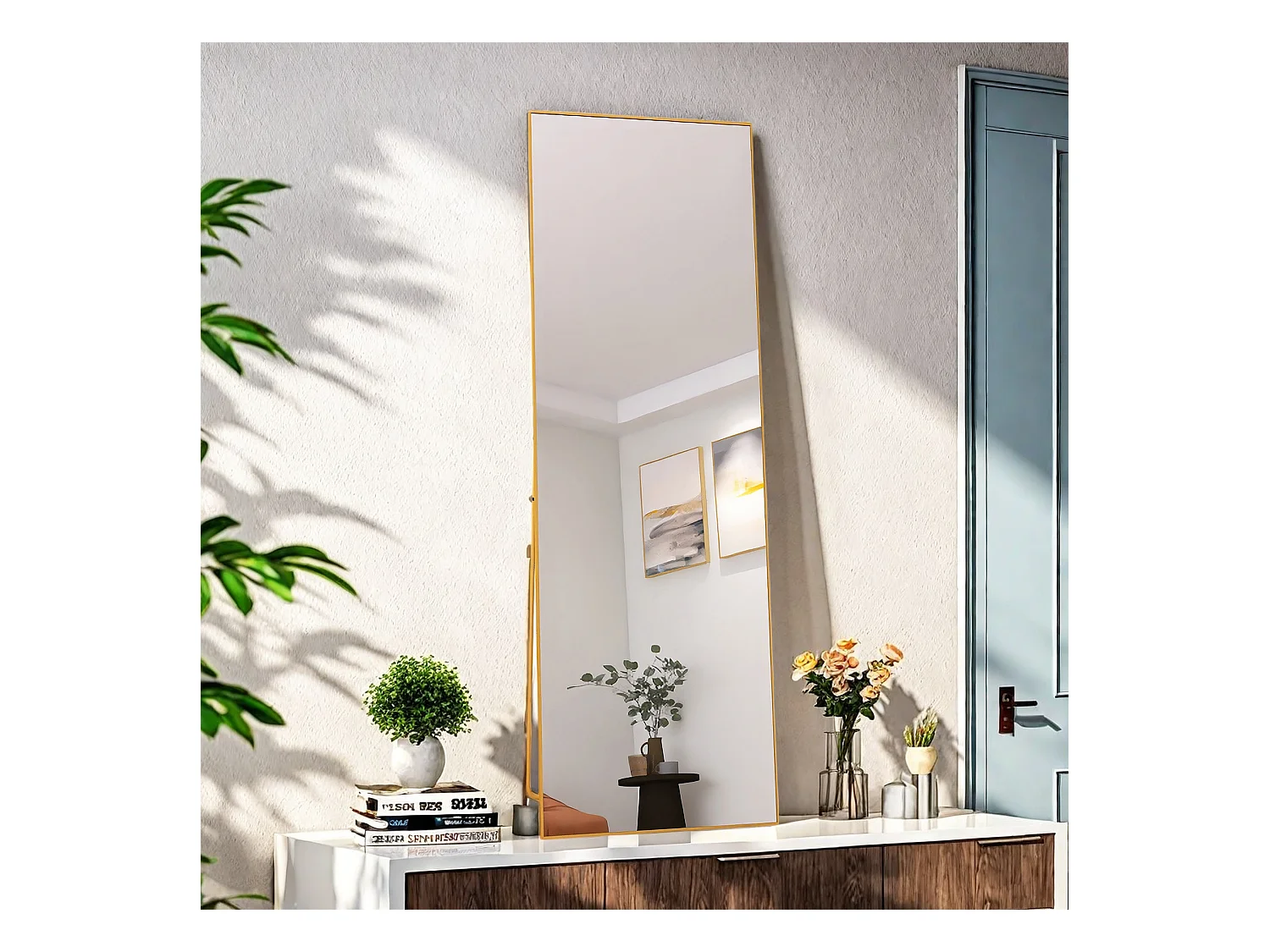 Rechthoekige make-upspiegel van gehard glas, gouden aluminium lijst, 162 x 53 cm, elegant modern design voor slaapkamer of badkamer