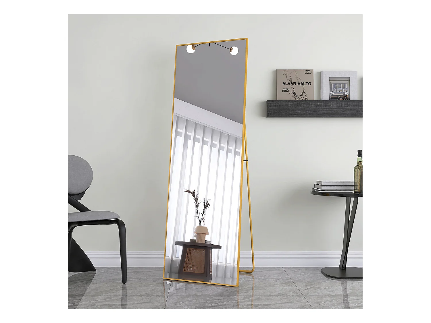 Rechthoekige make-upspiegel van gehard glas, gouden aluminium lijst, 162 x 53 cm, elegant modern design voor slaapkamer of badkamer