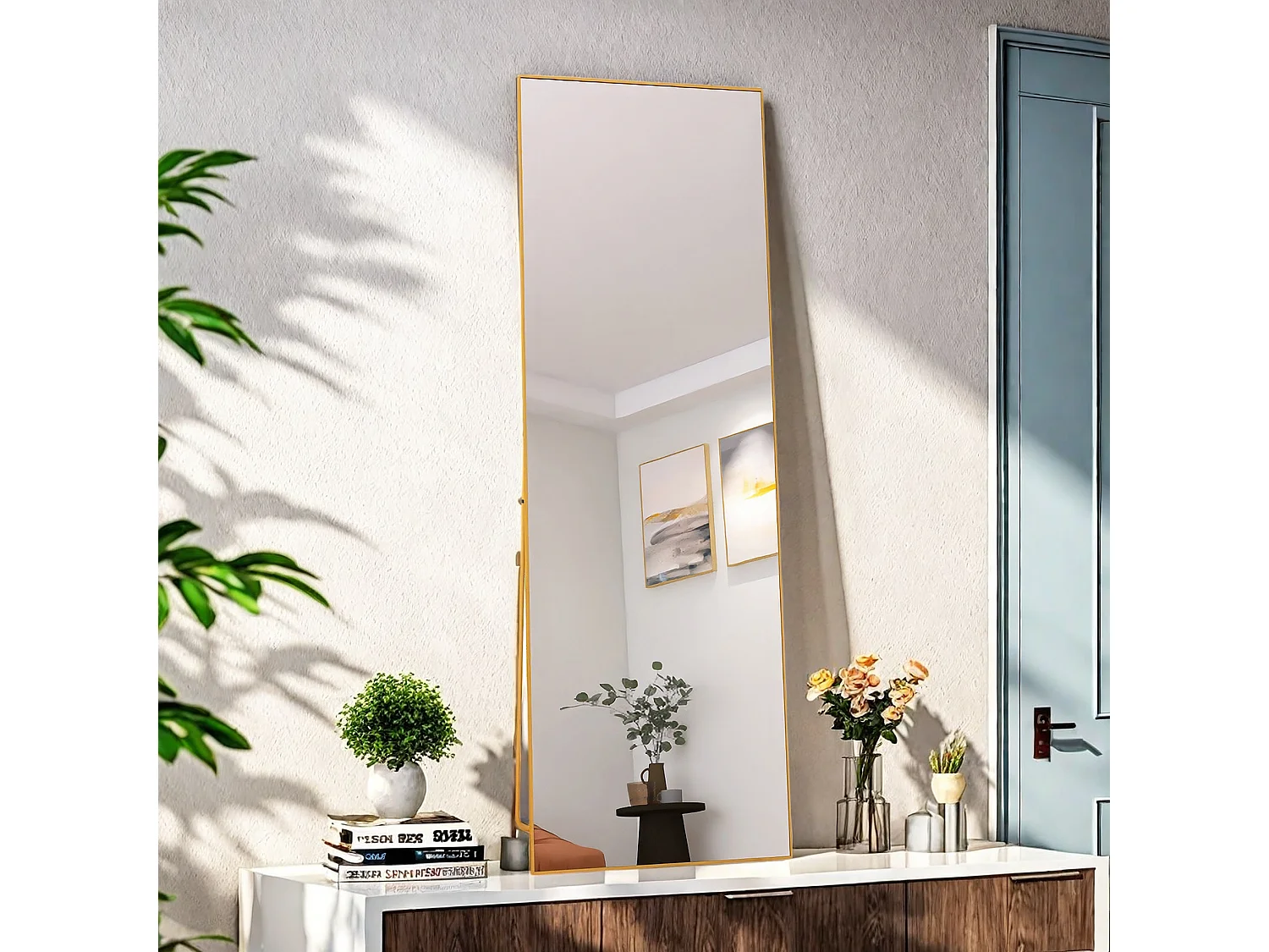 Miroir de maquillage rectangulaire en verre trempé, cadre en aluminium doré, 162 x 53 cm, design moderne élégant pour chambre ou salle de bain