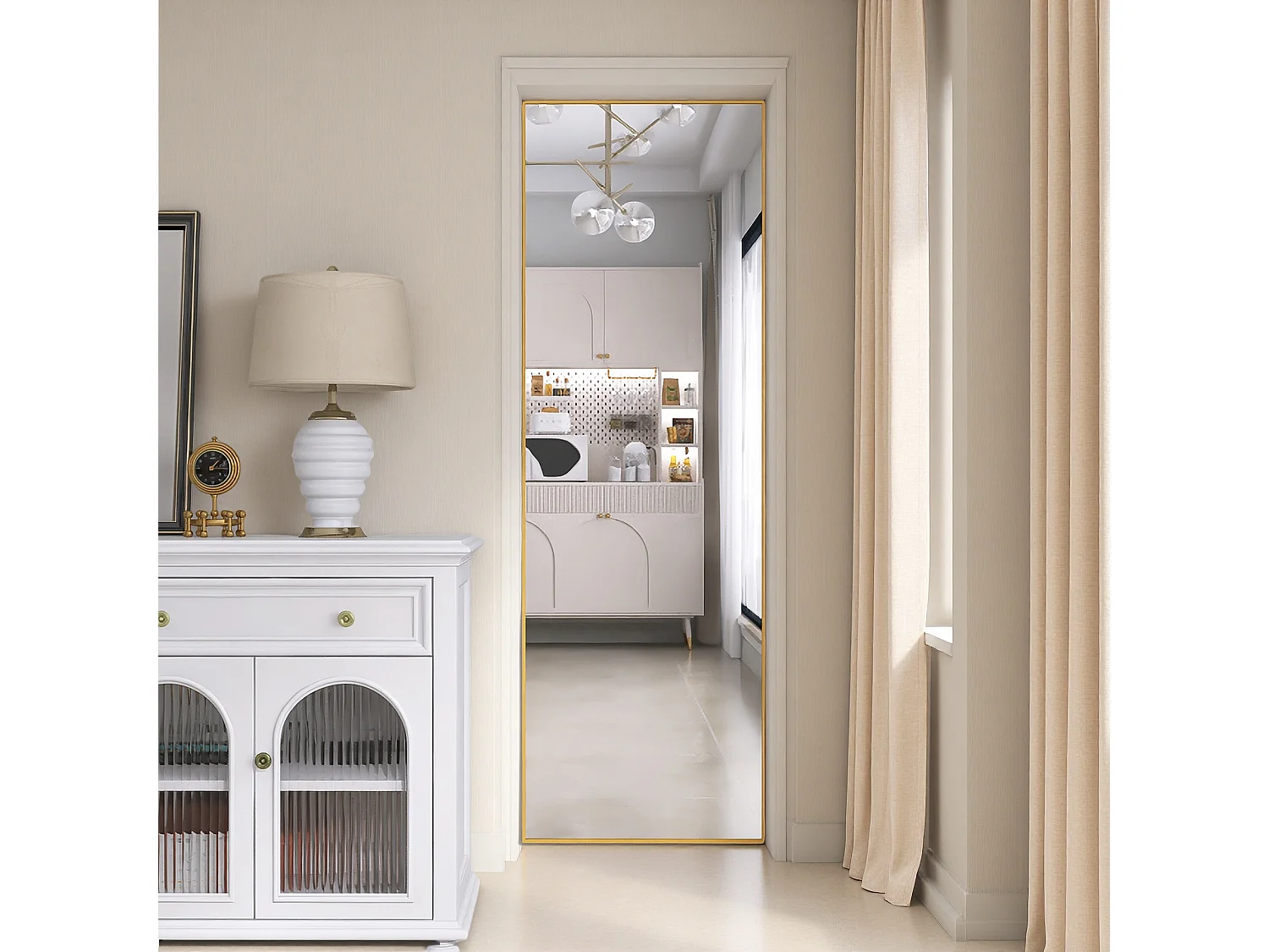 Miroir de maquillage rectangulaire en verre trempé, cadre en aluminium doré, 162 x 53 cm, design moderne élégant pour chambre ou salle de bain