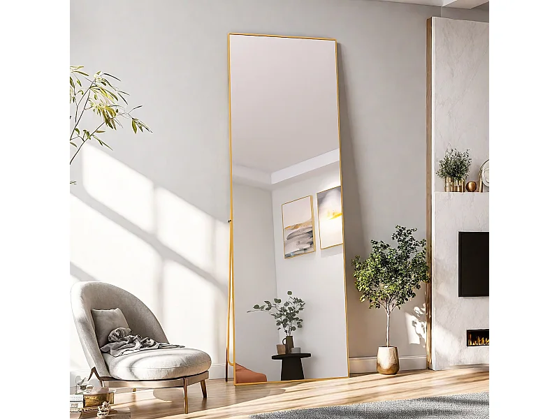 Miroir de maquillage rectangulaire en verre trempé, cadre en aluminium doré, 162 x 53 cm, design moderne élégant pour chambre ou salle de bain