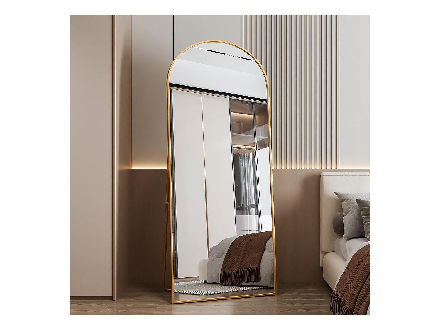 Miroir pleine longueur 180 x 80 cm en verre trempé avec cadre en aluminium doré, forme arquée,  grand miroir de sol