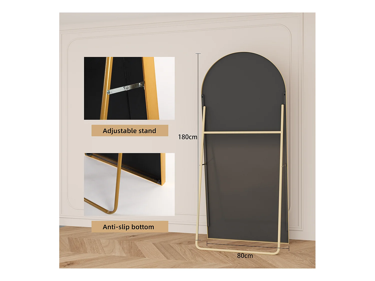 Spiegel van gehard glas 180 x 80 cm van gehard glas met een gouden aluminium lijst, gebogen vorm, grote staande spiegel